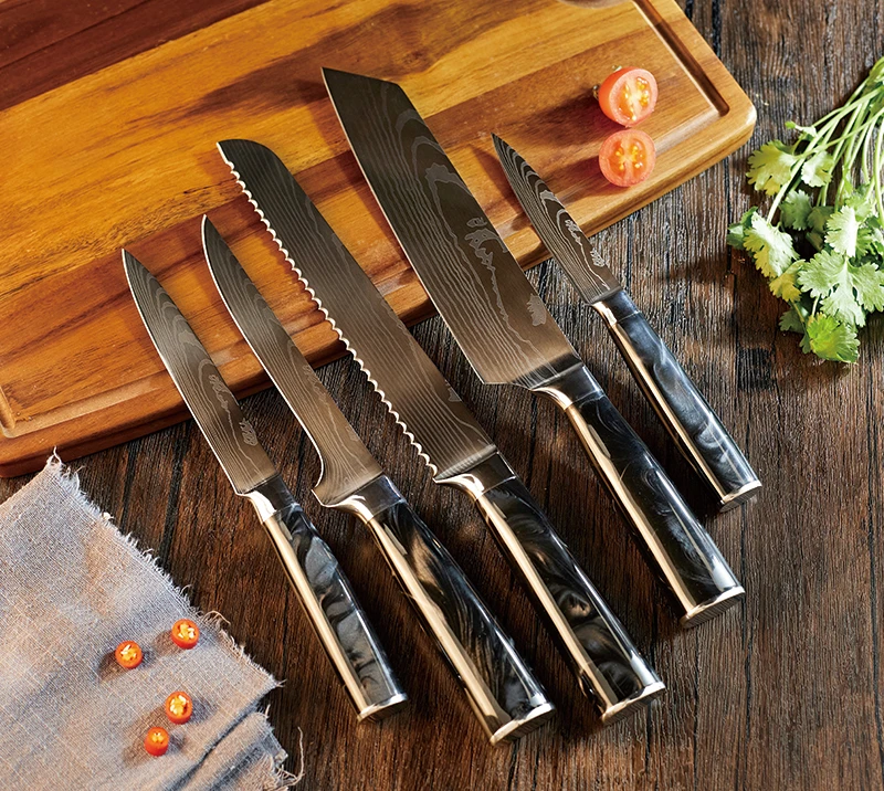 Damascus Steel Blade+Resin Handle 5pcs set