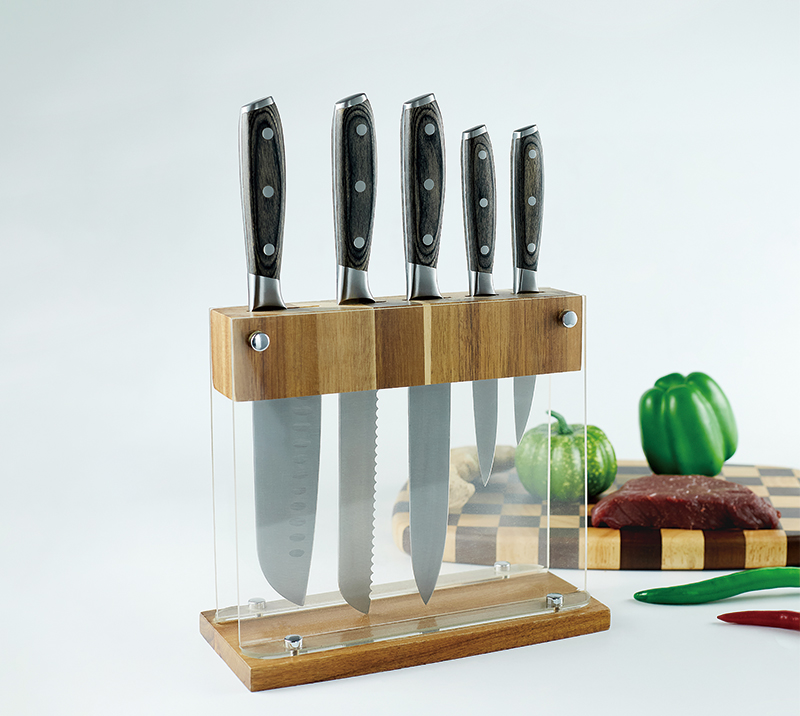 HS3009 6pcs High quality walnut handle Forged kitchen knife set with Acacia wood +acrylic knife stan