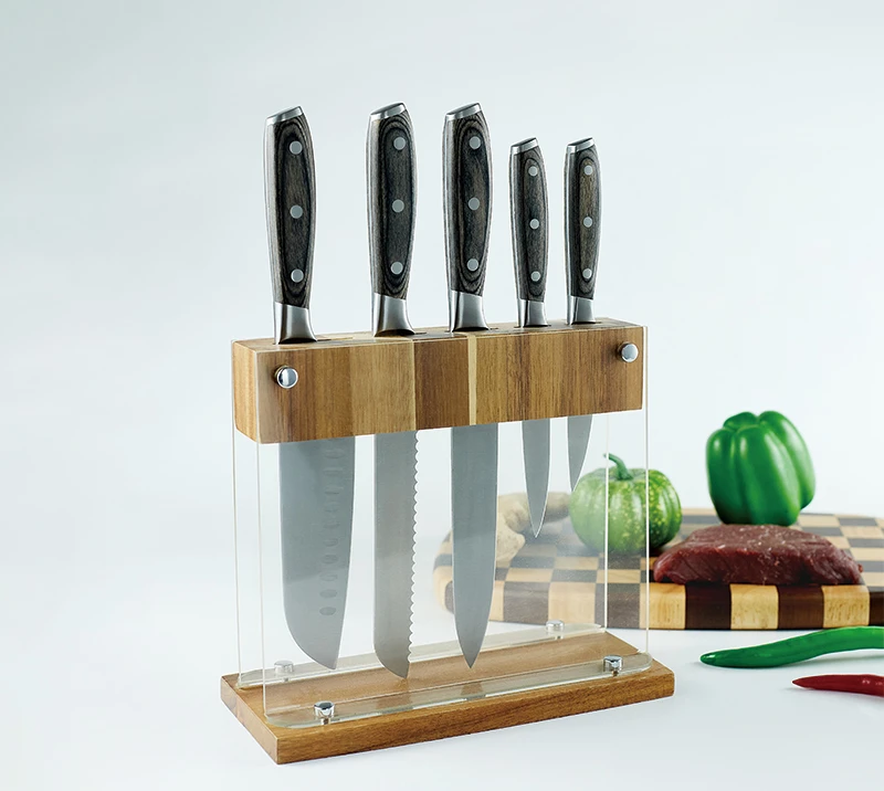 HS3009 6pcs High quality walnut handle Forged kitchen knife set with Acacia wood +acrylic knife stan