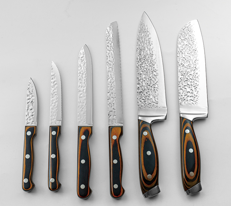 HS3078 7 pcs wooden handle & Double-bladed kitchen knife set with hammer-patterned +magnetic wooden
