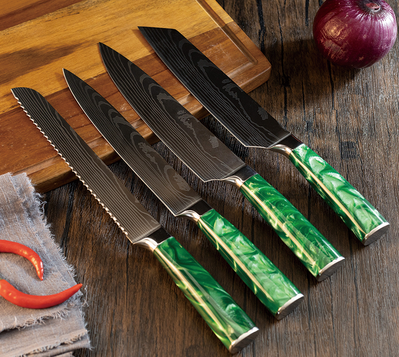 Damascus Steel Blade+Resin Handle 4pcs set
