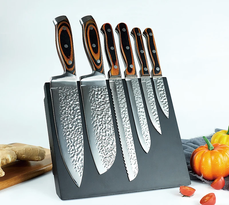 HS3078 7 pcs wooden handle & Double-bladed kitchen knife set with hammer-patterned +magnetic wooden