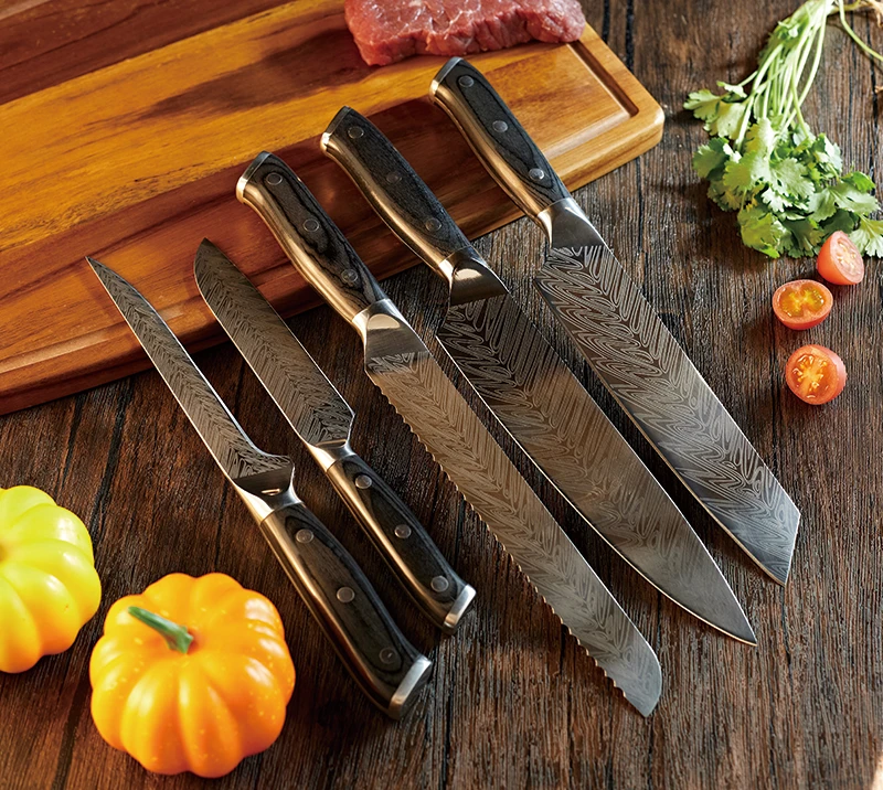 Damascus Steel Blade+wood Handle  5 pcs set