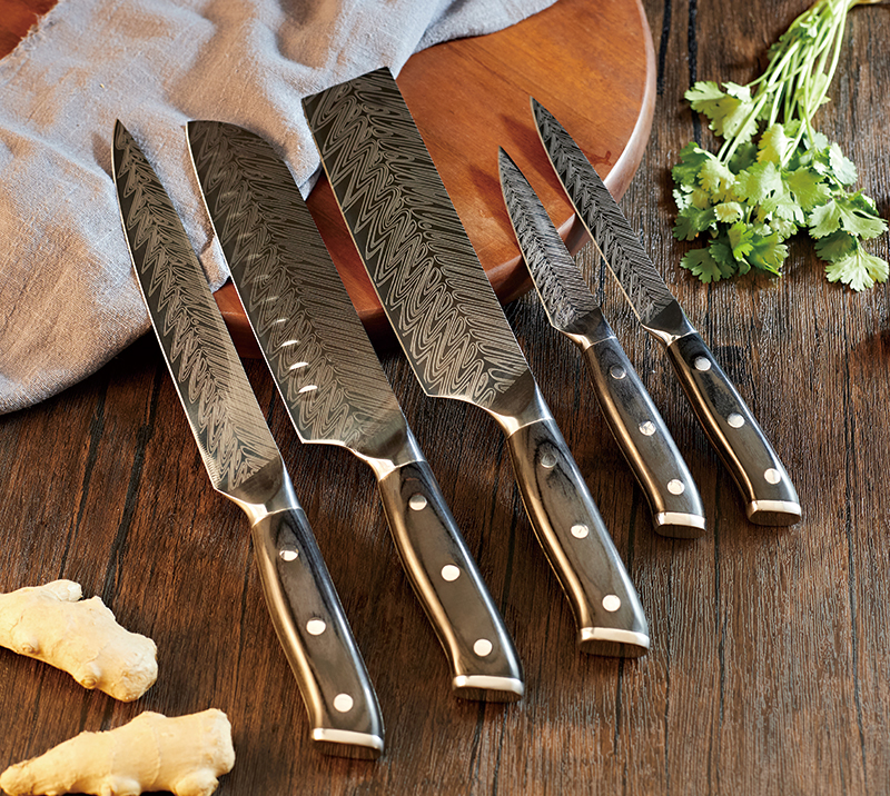 Damascus Steel Blade+wood Handle  5 pcs set
