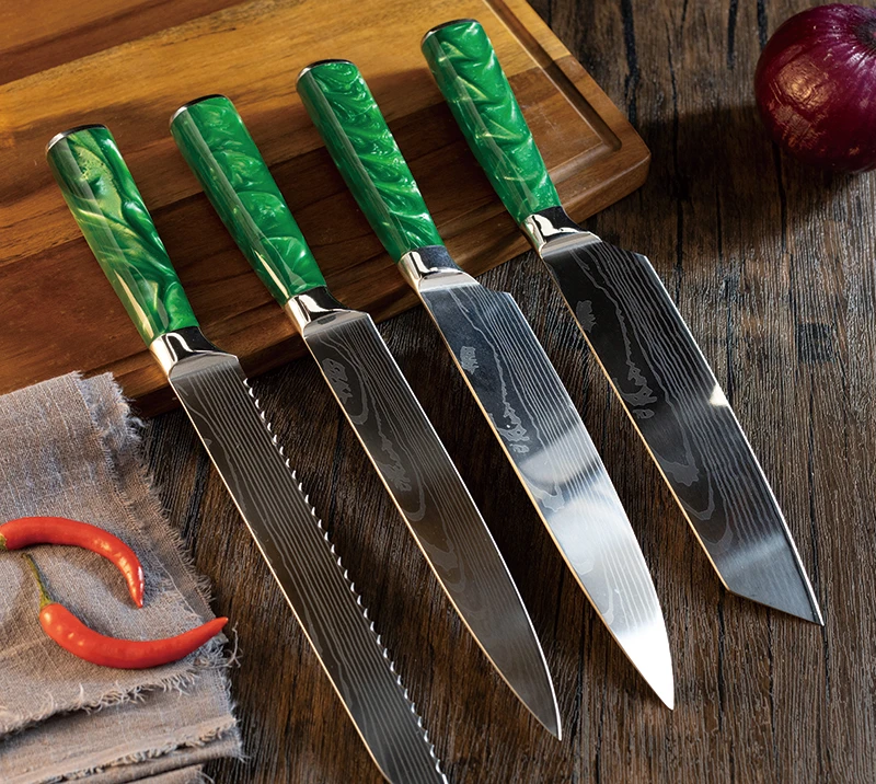 Damascus Steel Blade+Resin Handle 4pcs set