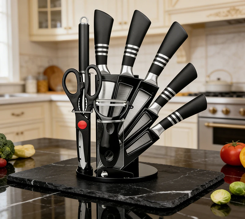 HS2007 Stainless Steel Kitchen Knife Set, 9pcs Kitchen Knife Set with Acrylic Block, Sharp Cooking K