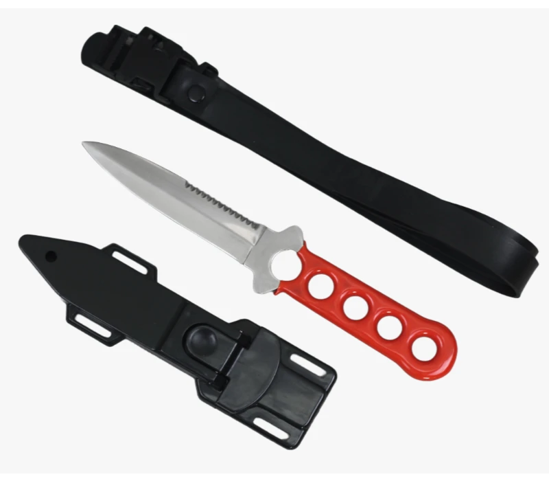 FK43A -ococl Stainless Steel Diving Knife with Red Handle & Leg Strap, ABS Sheath Serrated Knife