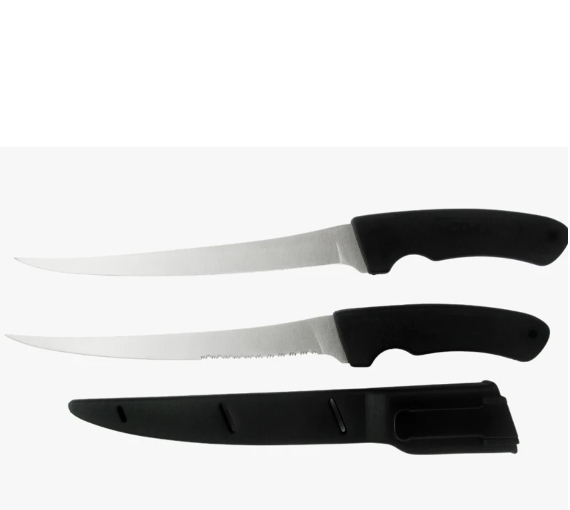 FK2 2-Piece Stainless Steel Fillet Knife Set with Sheath, Smooth & Serrated Blades Fishing Knives
