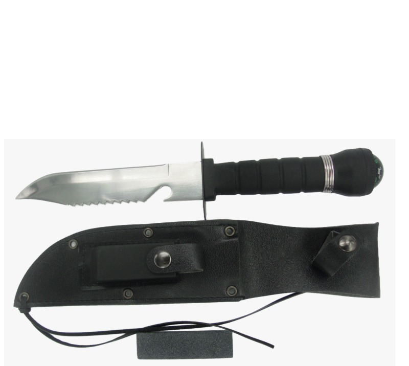 FK13 Survival Knife with Compass & Sheath, Stainless Steel Serrated Outdoor Camping Hunting Knife