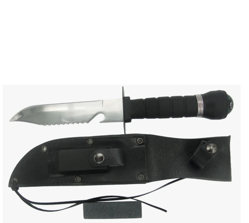 FK13 Survival Knife with Compass & Sheath, Stainless Steel Serrated Outdoor Camping Hunting Knife