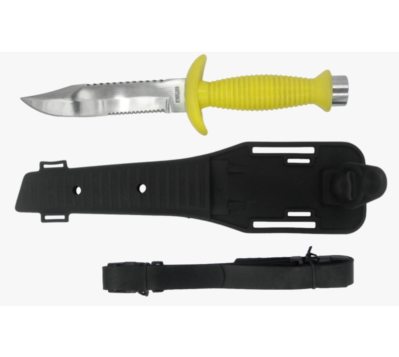 FK44 Diving Survival Knife with Leg Strap & Sheath, Yellow Handle Double Serrated Diving Tool