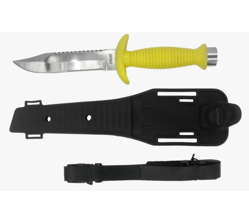 FK44 Diving Survival Knife with Leg Strap & Sheath, Yellow Handle Double Serrated Diving Tool