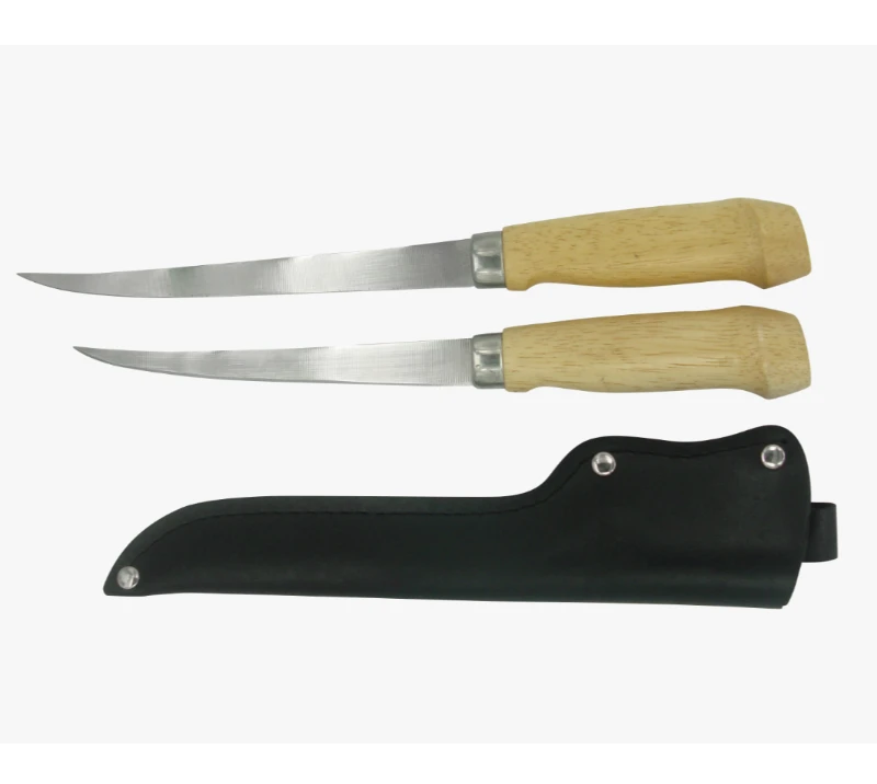 FK34 2PCS Stainless Steel Fillet Knife Set with Leather Sheath, Wooden Handle & Curved Blades