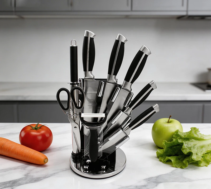 HS2027 Essential Stainless Steel Knife Set with acrylic stand, 9 Piece knife set