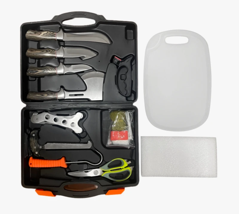 FKS38-14 13-Piece Professional Hunting & Camping Tool Set with Hard Case & Cutting Board, Outdoor Su