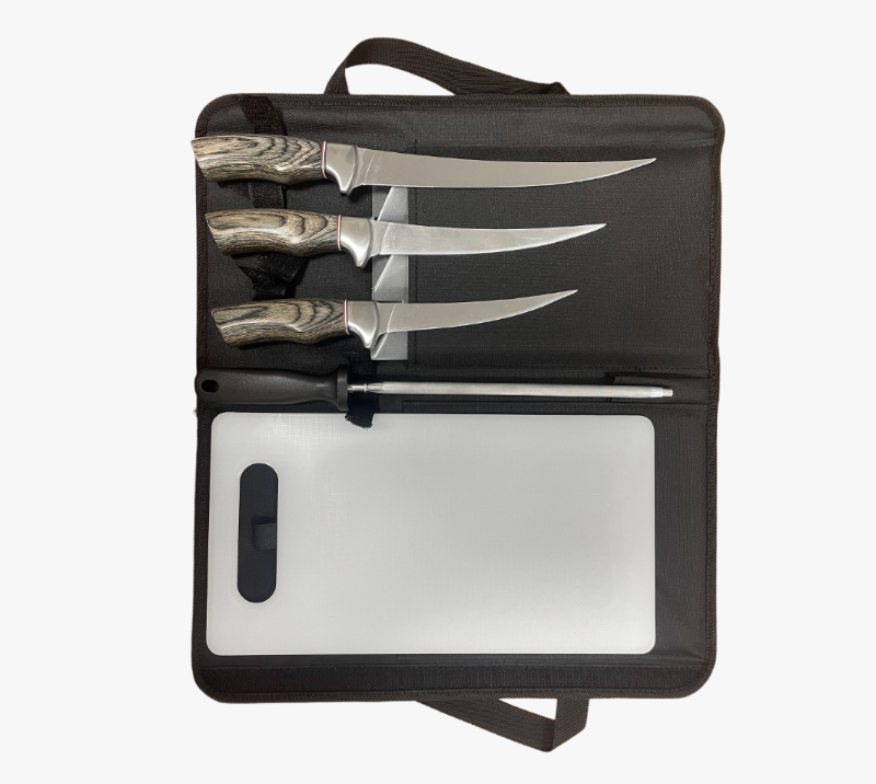 FKS40-06 5pcs Fillet Knife Set with Wood Handle, Roll Bag & Cutting Board, Stainless Steel Fishing T