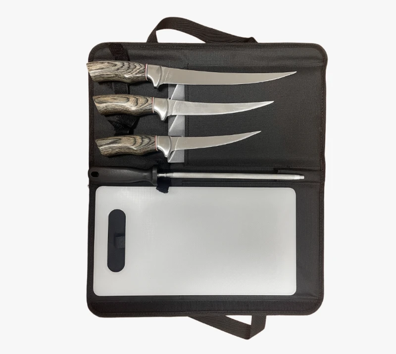 FKS40-06 5pcs Fillet Knife Set with Wood Handle, Roll Bag & Cutting Board, Stainless Steel Fishing T