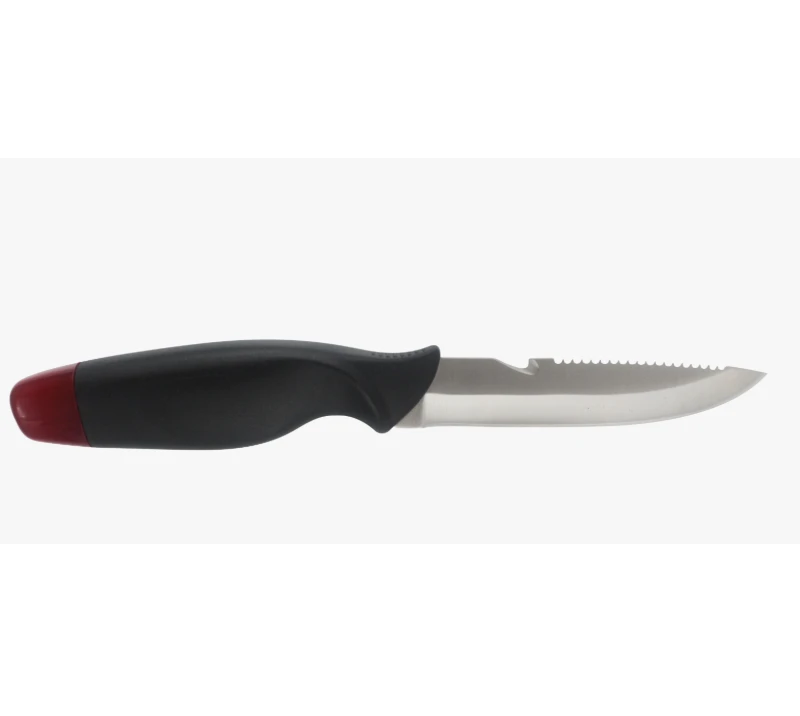 S1029 Black Red Plastic Handle Serrated Fixed Blade Knife, Gut Hook Fishing Hunting Knife with Non-s