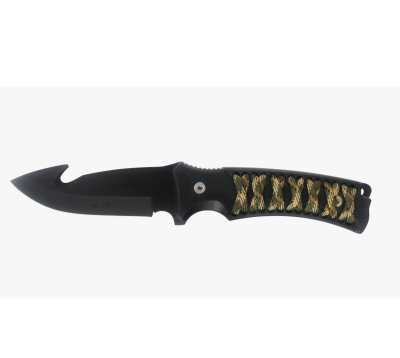 S1013 Curved Black Blade Gut Hook Hunting Knife, Camo Paracord Handle Outdoor Survival Knife