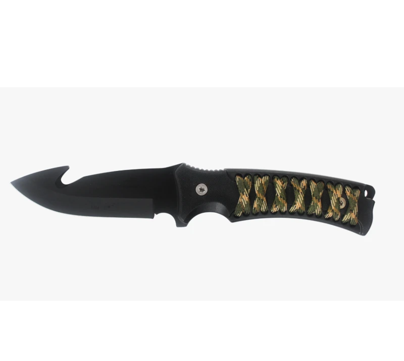 S1013 Curved Black Blade Gut Hook Hunting Knife, Camo Paracord Handle Outdoor Survival Knife