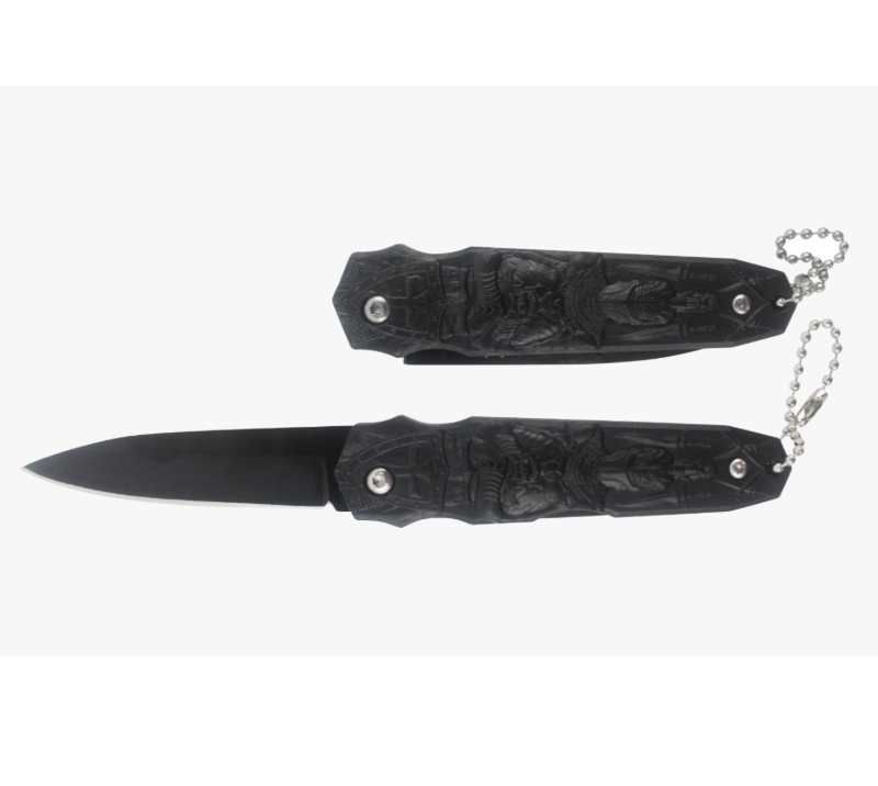 S2021 Knight Embossed Outdoor Knife, Black Pocket Knife with Keychain, EDC Tactical Knife for Collec