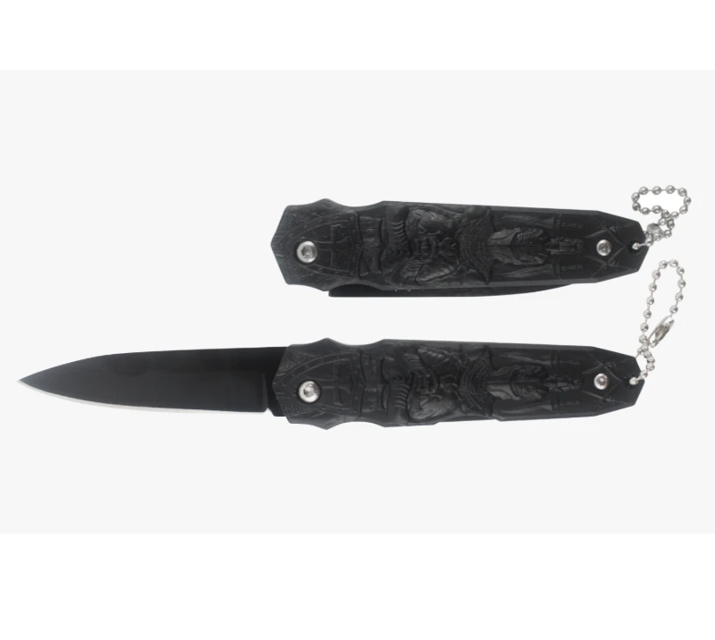 S2021 Knight Embossed Outdoor Knife, Black Pocket Knife with Keychain, EDC Tactical Knife for Collec
