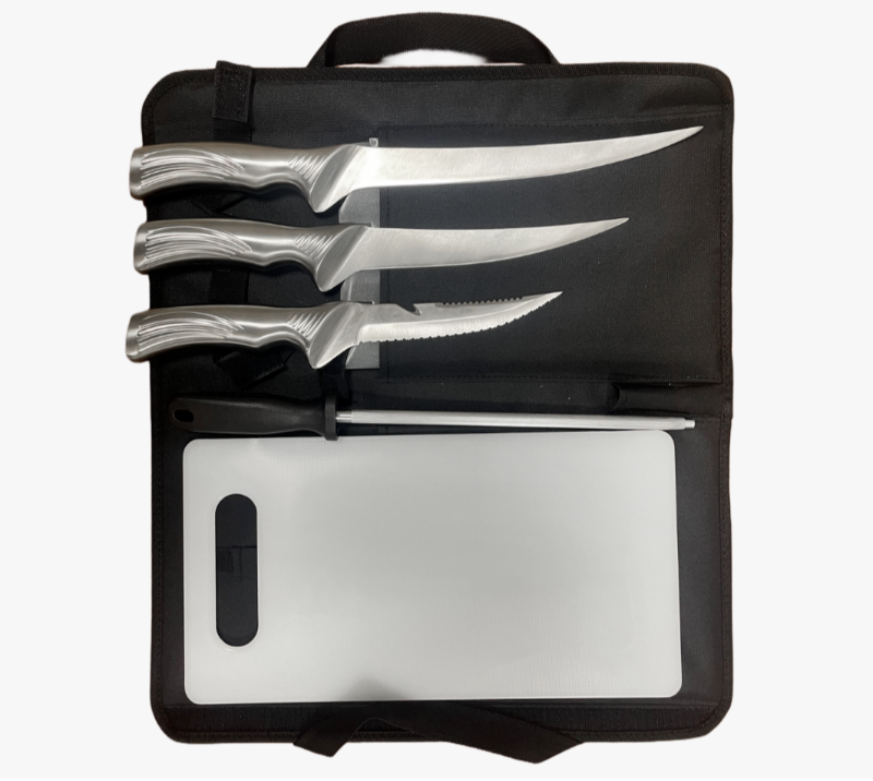 FKS39-06 6PCS Outdoor Fillet Knife Set with Sharpener, Cutting Board and Oxford Cloth Rolling Bag