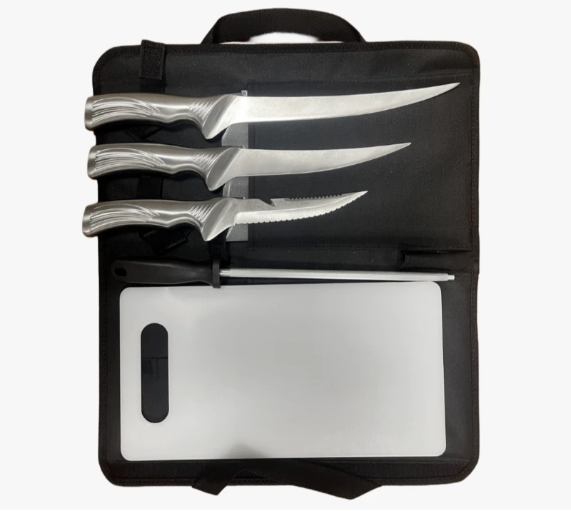 FKS39-06 6PCS Outdoor Fillet Knife Set with Sharpener, Cutting Board and Oxford Cloth Rolling Bag