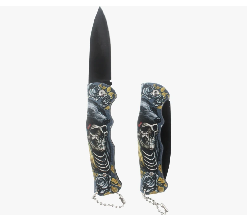 KA086 Skull & Rose Printed Folding Pocket Knife, 3CR13 Stainless Steel Black Blade EDC Knife with Ch