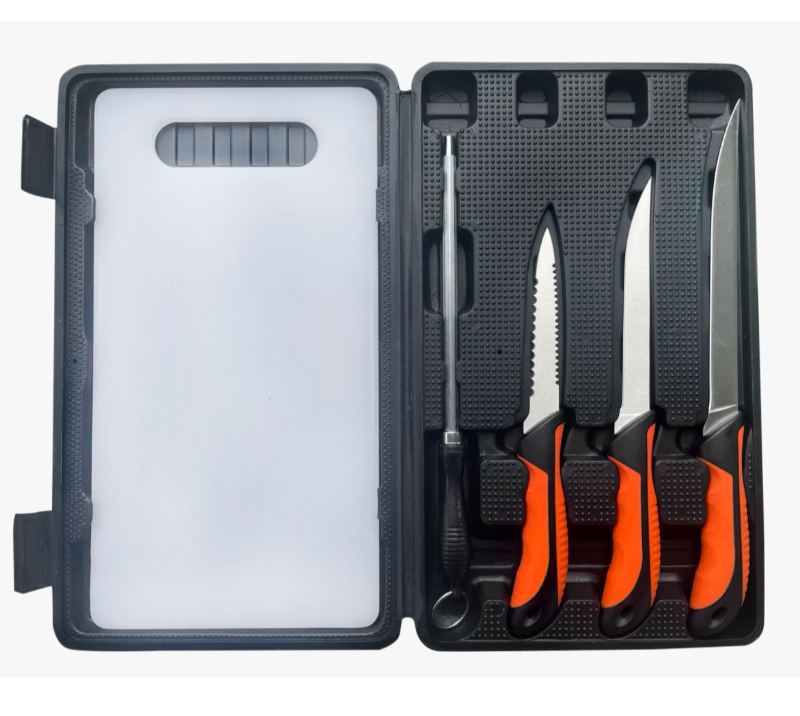 FKS25-06 6PCS Outdoor Knife Sets with Cutting board, 3PCS Stainless Steel Fillet Knives, Sharpener S