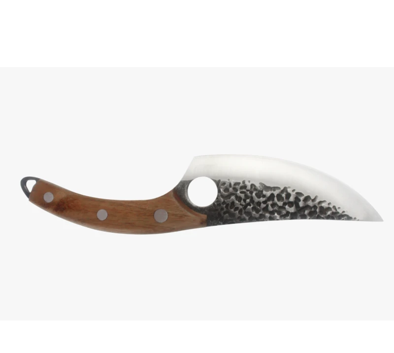 S1011 Stone-Washed Karambit Knife, Stainless Steel EDC Survival Knife with Wood Handle & Ring