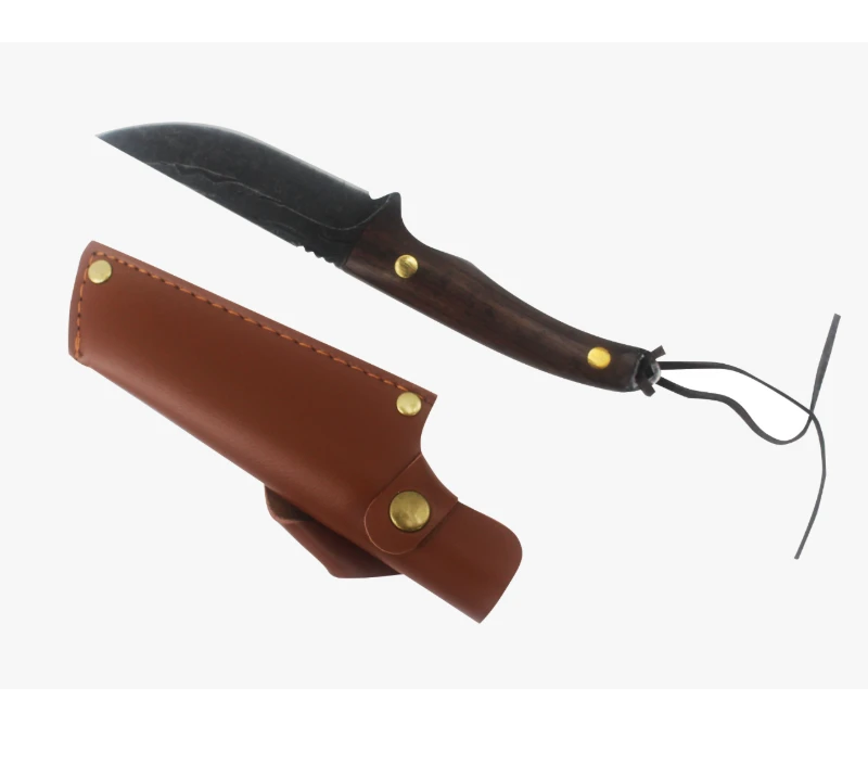 S1027 Hand Forged Fixed Blade Hunting Knife, Wood Handle With Leather Sheath, Full Tang Survival Kni