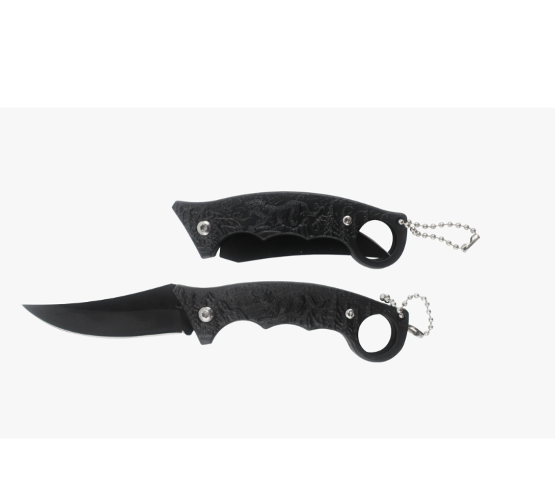 S2022 Tiger Embossed Folding Karambit Knife, Black Pocket Knife with Keychain, EDC Tactical Knife fo