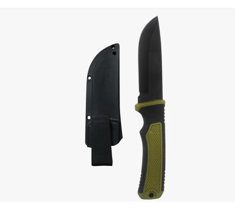 S2026 Black Green Handle Fixed Blade Hunting Knife, Stainless Steel Survival Knife with Plastic Shea
