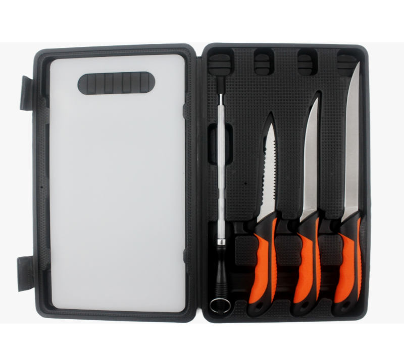 IMG_3508FKS25-06 6PCS Fillet Knife Set with Sharpener Steel, Plastic Cutting Board & Hard Case Packa