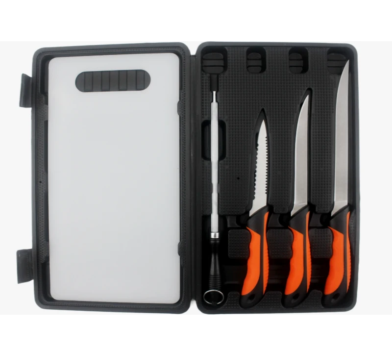 IMG_3508FKS25-06 6PCS Fillet Knife Set with Sharpener Steel, Plastic Cutting Board & Hard Case Packa
