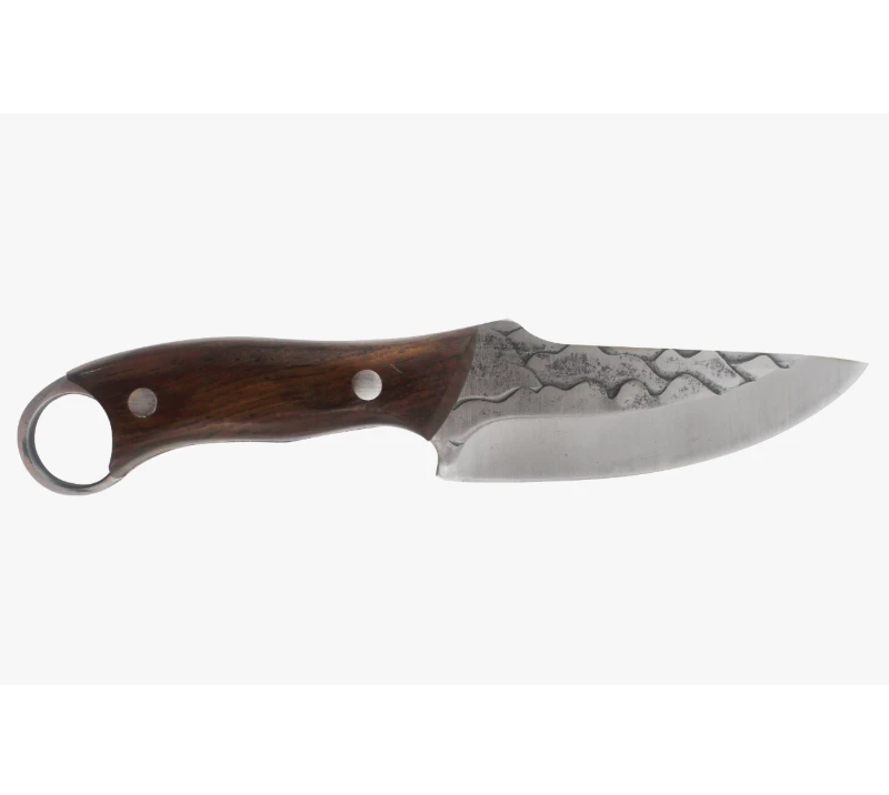 S1026 Hand Forged Fixed Blade Neck Knife, Wooden Handle Full Tang EDC Tool with Finger Hole