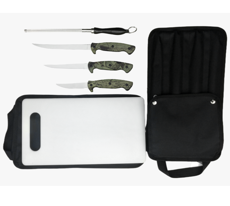 FKS29-06A 6PCS 5-Piece Camo Handle Professional Fillet Knife Set with Cutting Board & Roll Bag, 3CR1