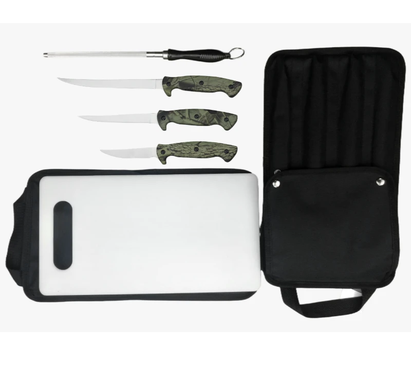 FKS29-06A 6PCS 5-Piece Camo Handle Professional Fillet Knife Set with Cutting Board & Roll Bag, 3CR1