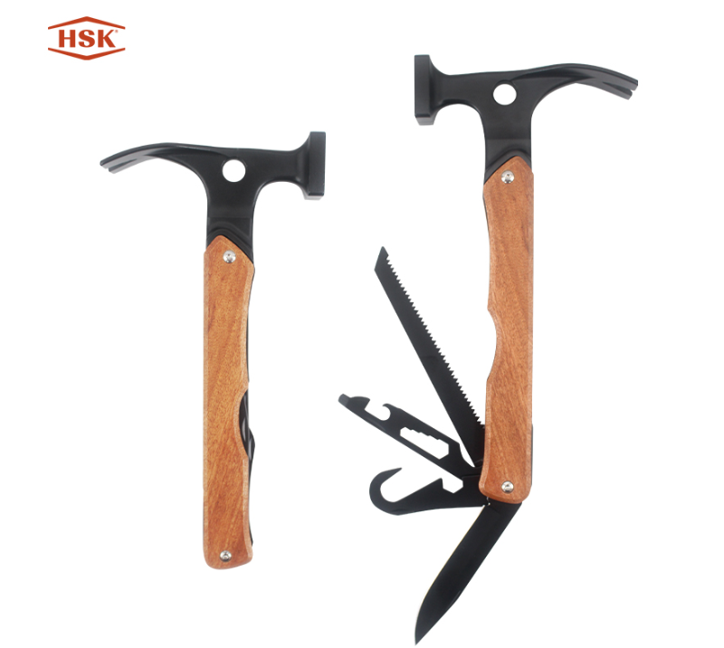 S02318 Wood Handle 12-in-1 Multi-Tool Camping Hammer, Outdoor Survival Gear with Axe Saw Knife, Tent
