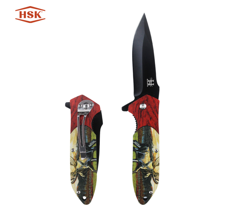 TPK-18 Deer Pattern Outdoor Folding Knife, Black Tactical Stainless Steel Blade with Printed Handle,