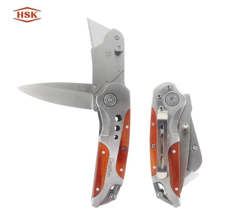 K108 Dual-Blade Multi-Tool: Dealfon Wood Handle Folding Utility Knife