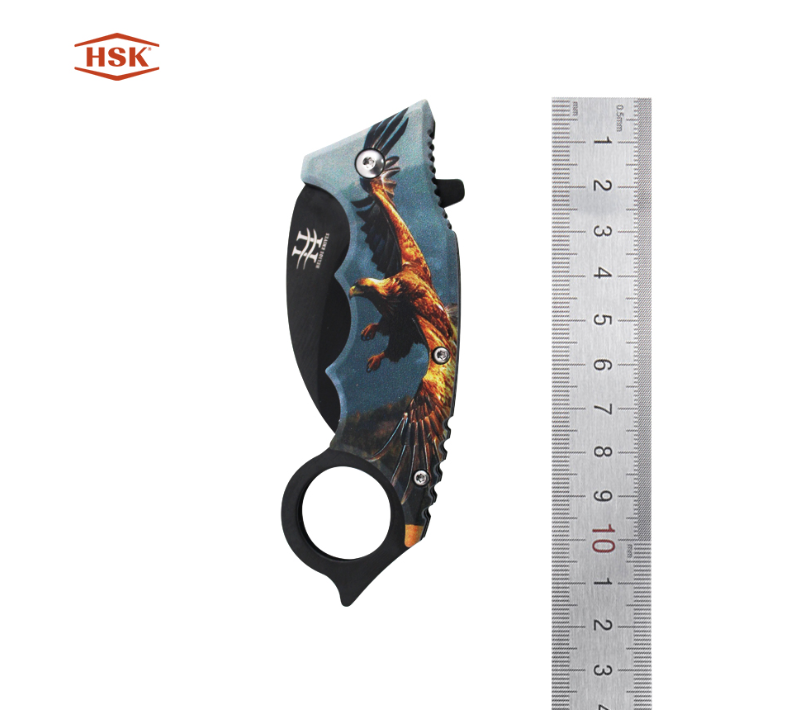 TPK48  Ring Handle Printed Outdoor Folding Knife, Black Stainless Steel Blade with Multiple Themed P