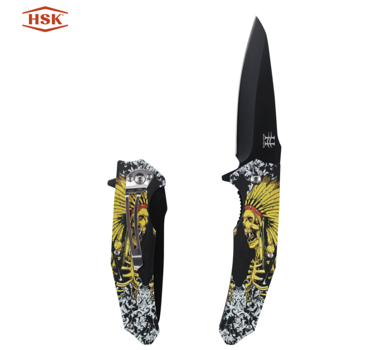 TPK18 Indian Skull Pattern Tactical Folding Knife, Black Coated Stainless Steel Blade with Printed H