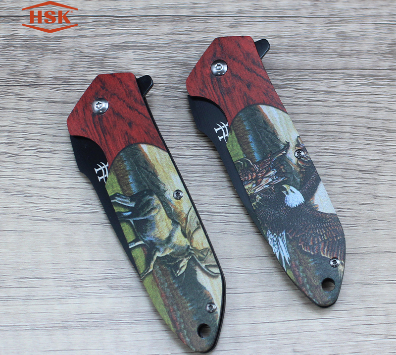 TPK-18 Deer Pattern Outdoor Folding Knife, Black Tactical Stainless Steel Blade with Printed Handle,