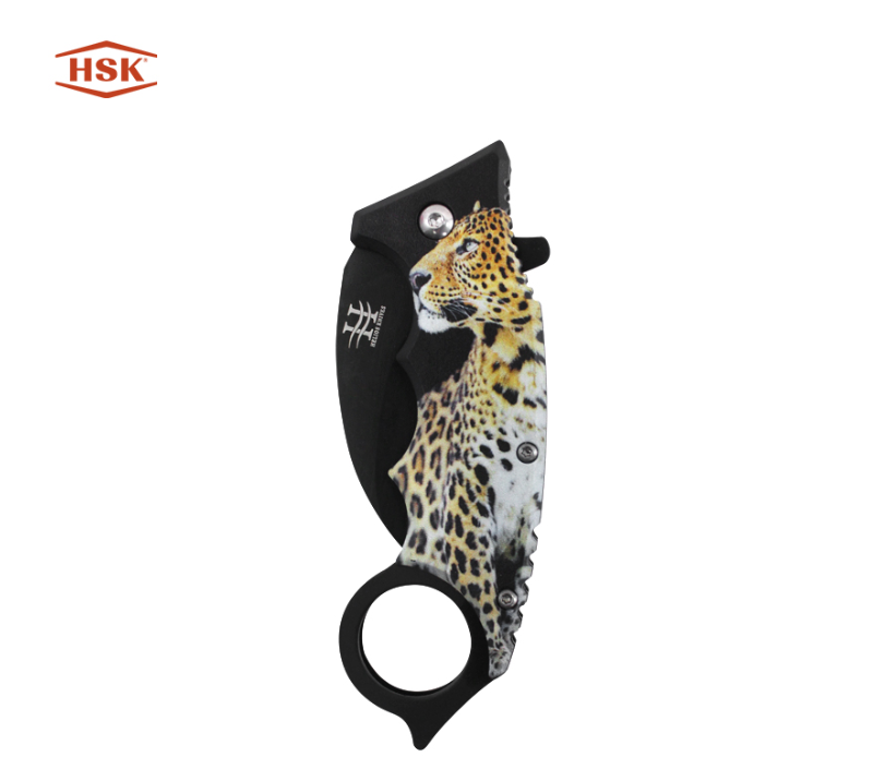 TPK48  Ring Handle Printed Outdoor Folding Knife, Black Stainless Steel Blade with Multiple Themed P