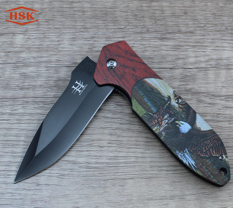 TPK-18 Deer Pattern Outdoor Folding Knife, Black Tactical Stainless Steel Blade with Printed Handle,