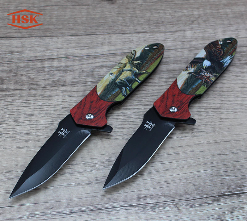 TPK-18 Deer Pattern Outdoor Folding Knife, Black Tactical Stainless Steel Blade with Printed Handle,