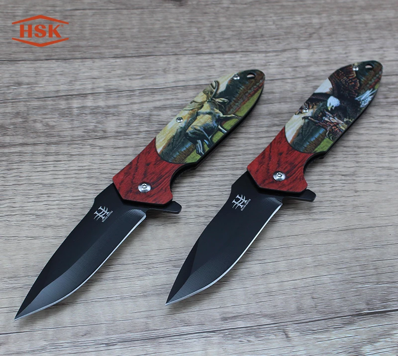 TPK-18 Deer Pattern Outdoor Folding Knife, Black Tactical Stainless Steel Blade with Printed Handle,