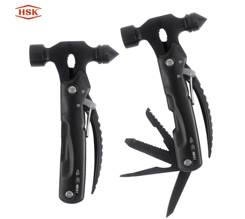 S02317 All-Black 16-in-1 Multi-Tool Car Emergency Escape Hammer, Outdoor Survival Gear with Knife Sa